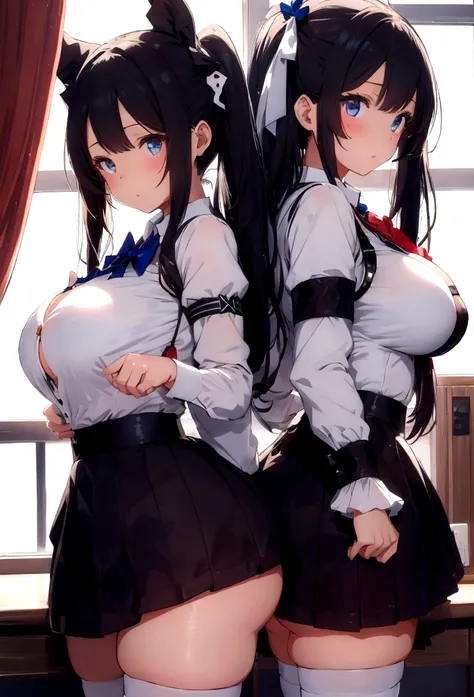 mini skirt, Azur lane, beautiful girl, sexy pose, bluse eyes, hair bows, big ass and breasts, two girls