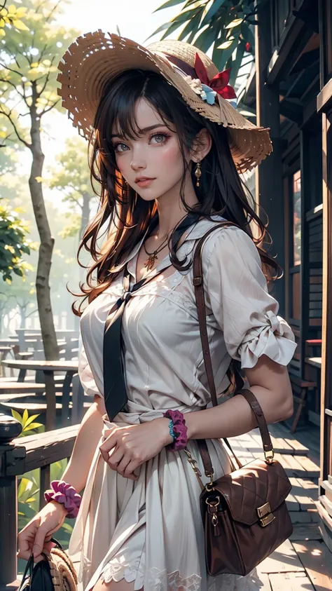 24-year-old female、Long eyelashes、Beautiful appearance、White summer dress decorated with lace、Brown Hair、Side Ponytail((Tie it up with a scrunchie))、Sunlight filtering through the trees、Forest Walk、Walking、Cute handbag、Sandals、Wide-brimmed hat decorated wi...