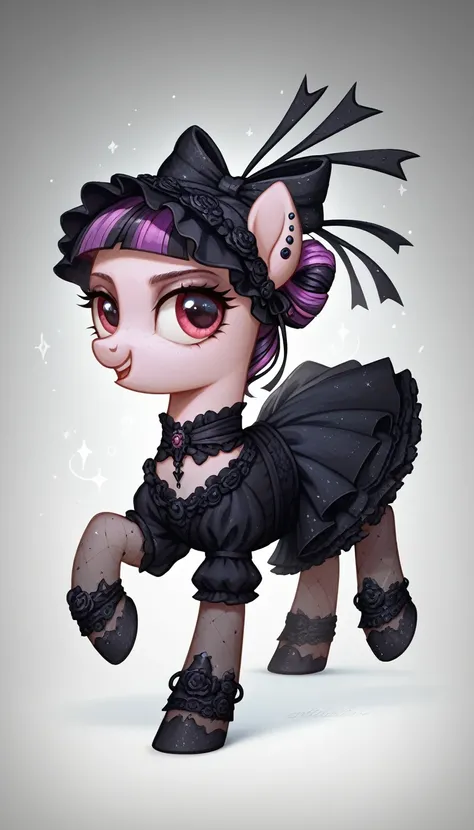 score_9,score_8_up,score_7_up,score_6_up, filly, female, Gothic pony, lolita fashion, glowing backlight, fashion show, catealk scene, glitter, whimsical, enchanted, magical, fantasy art concept, intricate details,