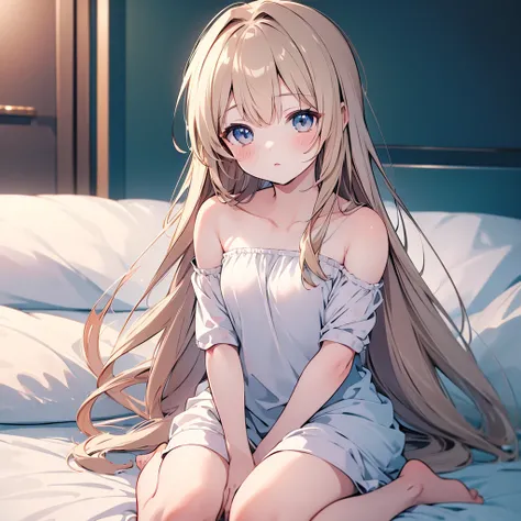 ((masterpiece)), ((Best Quality)), (Ultra-detailed), Anime style, 8k , Cute , 1girl in, Solo, light hair, sitting on the bed, bare shoulder 