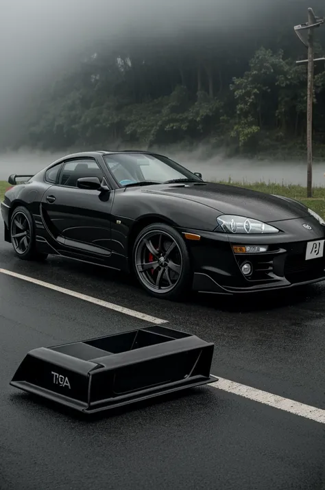 A Toyota Supra old model with V 8 engine black colour in fog