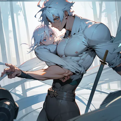 Screenshot attack on the titants, 30 year old man, platinum hair, opaque light blue eyes, slight smile, worked body and muscles, white shirt and two swords in hands, background is a forest and titans fences