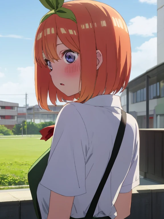 best quality, insanely detailed,yotsuba nakano, breasts, blush, back style, look into the distance, school background