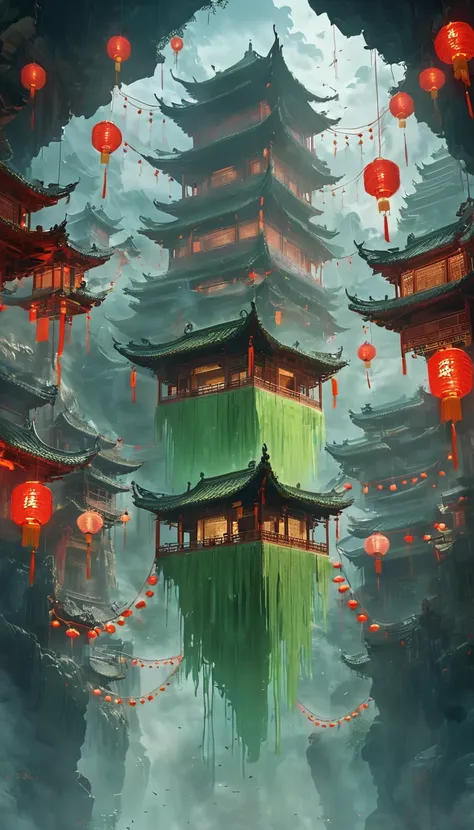 Haunting Chinese Ghost Stories, Creepy Chinese architecture, Tanabata Festival, Green ghost soup, mianpoqiao, Menpo soup, Ghost Guard, Iron Chains, Dark atmosphere lighting, Cinematic, Horror, Atmospheric, Surreal, mysterious, detailed、Ghost、ghost