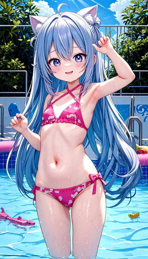 Funny, comical, , 5 years old, todler, swiming pool background, (Playful), toys, illustration, A high resolution, Vibrant colors, Soft lighting, Random actions，Wear randomly，Random angles,（Exquisitehands:1.5)（Perfect body proportion:1.5）（More refined anime...