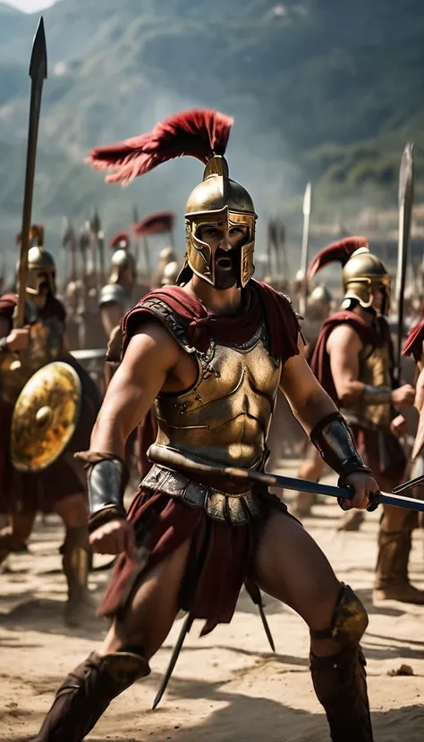 "produce a detailed and immersive image of the spartans lined up in battle formation during the epic battle of thermopylae. the ...