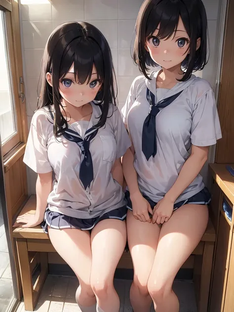 ((Highest quality)), ((masterpiece)), (detailed),Perfect Face,Strong light from the front,With front light,Two naked junior high school sisters take off their uniforms and underwear to take a shower in the school club room.,