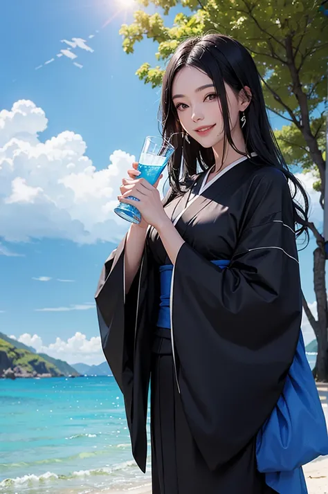 Smiling beautiful woman in black hair and kimono drinking water under the blue sky