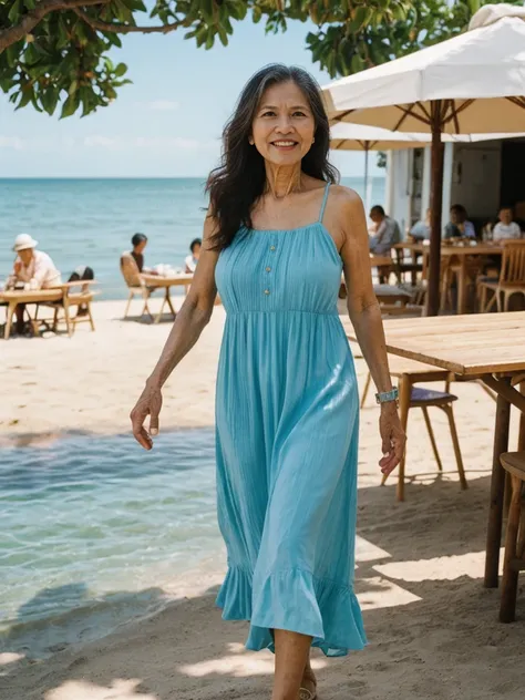 RAW PHOTO, her name is Dolores, high quality, 1 old woman, ((58-year-old slim filipina woman)), (((58 years old))), ((slim body)), ((wrinkled body)), (((old body))), (((long hair))), she is wearing a modest Generation X flowy sundress, POSE: walking, happy...