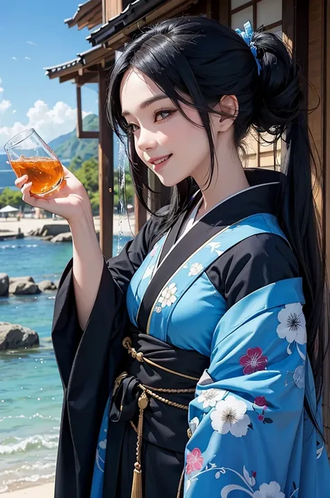 Smiling beautiful woman in black hair and kimono drinking water under the blue sky