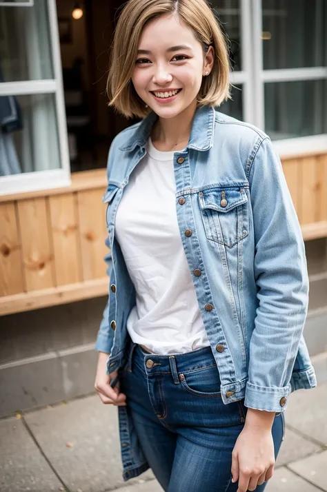 Top quality, 1 beautiful woman, super short hair, blonde hair, Denim Jacket , Big Laugh, Sunlight