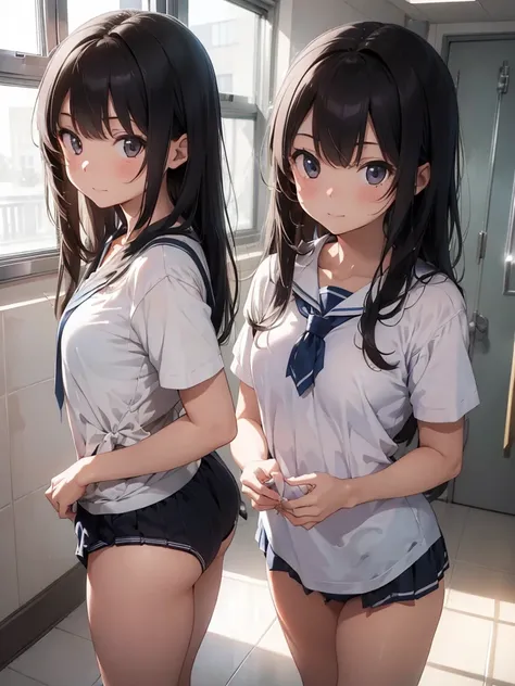 ((Highest quality)), ((masterpiece)), (detailed),Perfect Face,Strong light from the front,With front light,Two naked middle school sisters taking off their uniforms and underwear in the school shower room,