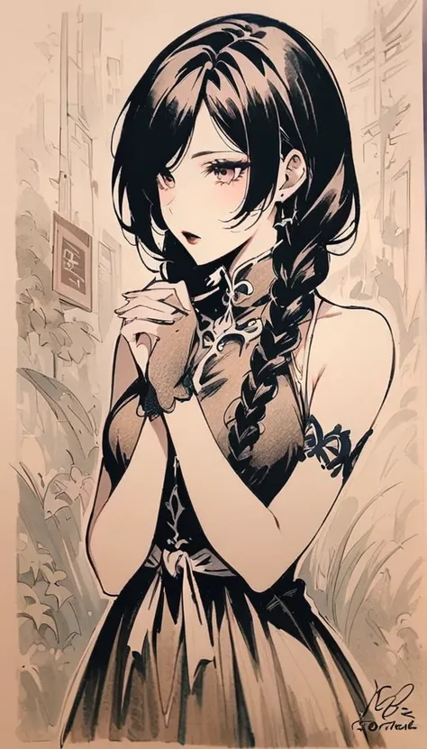 Lin Mingmei, 1 girl, alone, monochrome, braid, looking at the audience, skirt, long hair, traditional media, sign, Bangs, cosmetic, Put your hands together, black hair, Upper body, lipstick, drill hair, artist name, twin braids, bridal gloves, sleeveless