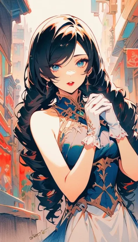 Lin Mingmei, 1 girl, alone, monochrome, braid, looking at the audience, skirt, long hair, traditional media, sign, Bangs, cosmetic, Put your hands together, black hair, Upper body, lipstick, drill hair, artist name, twin braids, bridal gloves, sleeveless