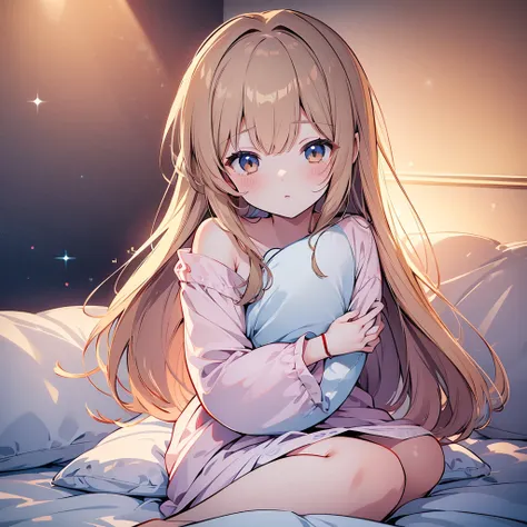 ((masterpiece)), ((Best Quality)), (Ultra-detailed), Anime style, 8k , Cute , 1girl in, Solo, light hair, sitting on the bed, bare shoulder, shy girl , hug a teddy bear , 14 year old girl, young girl 