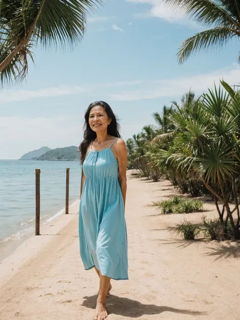 RAW PHOTO, her name is Dolores, high quality, 1 old woman, ((58-year-old slim filipina woman)), (((58 years old))), ((slim body)), ((wrinkled body)), (((old body))), (((long hair))), she is wearing a modest Generation X flowy sundress, POSE: walking, happy...