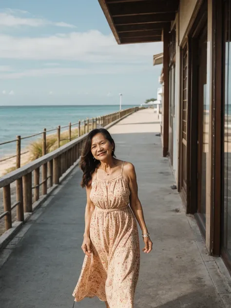 RAW PHOTO, her name is Dolores, high quality, 1 old woman, ((58-year-old slim filipina woman)), (((58 years old))), ((slim body)), ((wrinkled body)), (((old body))), (((long hair))), she is wearing a modest Generation X flowy sundress, POSE: walking, happy...