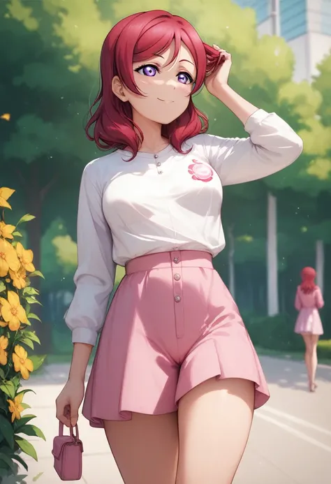 masterpiece, best quality, highres, nishikino maki,purple eyes,red hair, sexy, pink summer dress,llchar,love live, breasts apart , walking, thighs,long sleeves , one hand on hair 