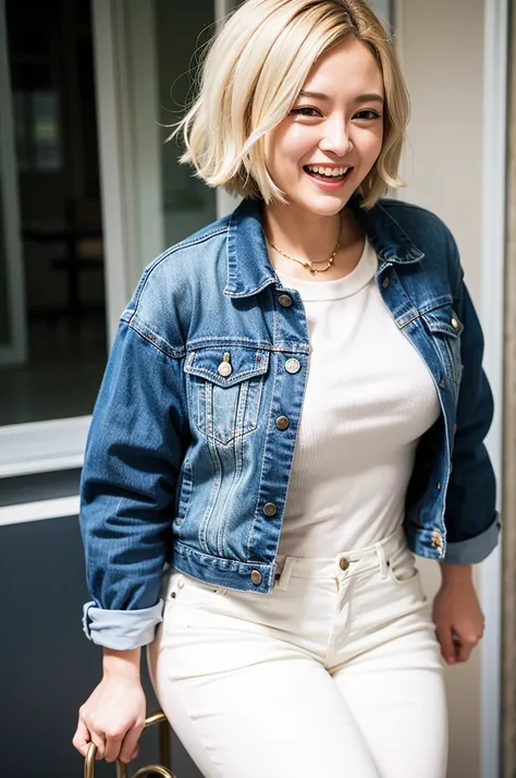 Top quality, 1 beautiful woman, super short hair, blonde hair, Denim Jacket & white pants , Big Laugh, Sunlight