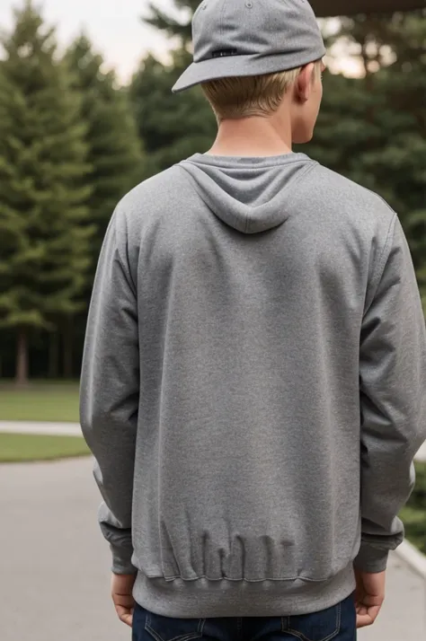 Blonde teenager with his back turned forward, not showing his face, wearing a gray sweatshirt and wearing a hat 