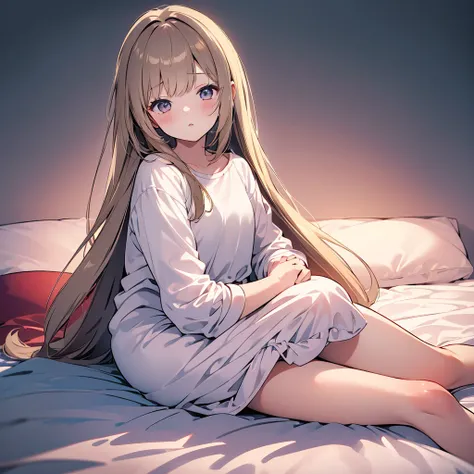 ((masterpiece)), ((Best Quality)), (Ultra-detailed), Anime style, 8k , Cute , 1girl in, Solo, light hair, sitting on the bed, bare shoulder, shy girl , 14 year old girl, young girl 