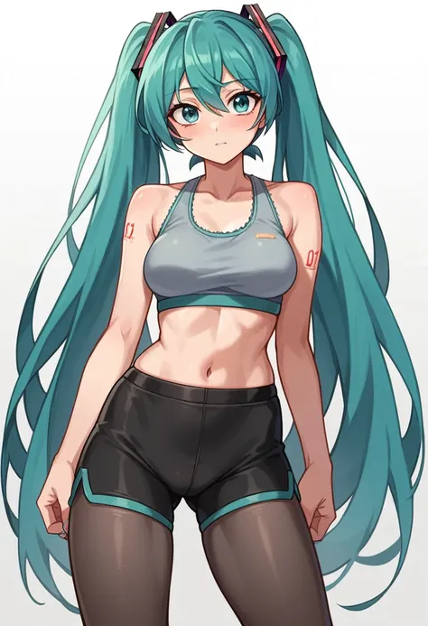 (masterpiece), (Highest quality), Very detailed, High resolution, One girl, Focus Only, Skin Dentition,Sports Bra，Shorts，pantyhose， Perfect Face, Swollen face, Beautiful Face, Big eyes, Puffy eyes, Perfect Eyes, eyelash，Hatsune Miku，Very detailed顔，