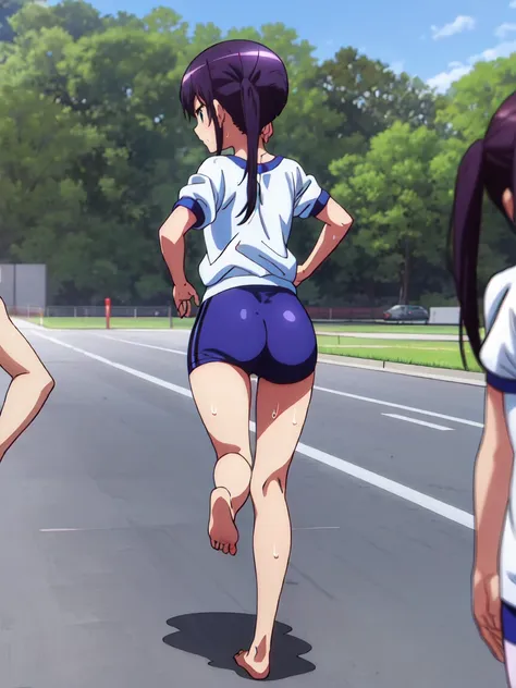 Full body view,back_view,,The characters are、Please leave them alone.,A girl with a tired expression、Let me dash around the schoolyard,A girl running alone,gym shirts,Highest quality,,1990s anime style,White shirt and blue bloomers,Angry expression,barefoo...