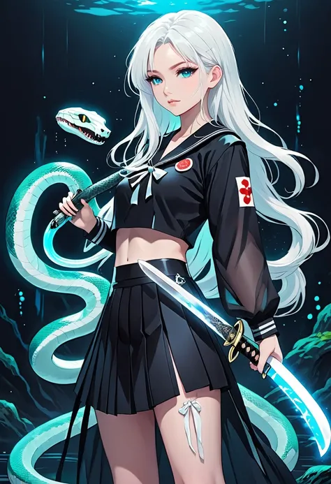 (Japanese anime style)，1 Girl，Unique，Long white hair，Black Sailor Suit Pleated Skirt Set，Holding a Japanese sword，(((A transparent bioluminescent bone snake wrapped around the body)))