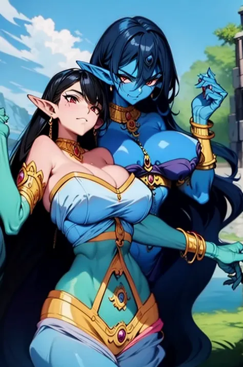 (Masterpiece, best quality, official art, 8K), ultra-detailed, a cartoon image of a Sky Blue Skinned female Djinn with blue hair and a chain around her neck, Human Hybrid Djinn, ((((sky blue skin)))), skin genie girl sky blue, ((perfectly detailed hands an...