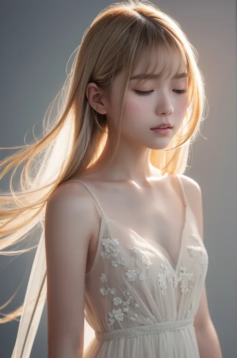 A beautiful Japanese girl is depicted in a vertical, ultra-realistic illustration. She has short, light-colored hair that frames her delicate face, with her eyes closed in a serene expression. She wears a thin, translucent dress with a subtle floral patter...