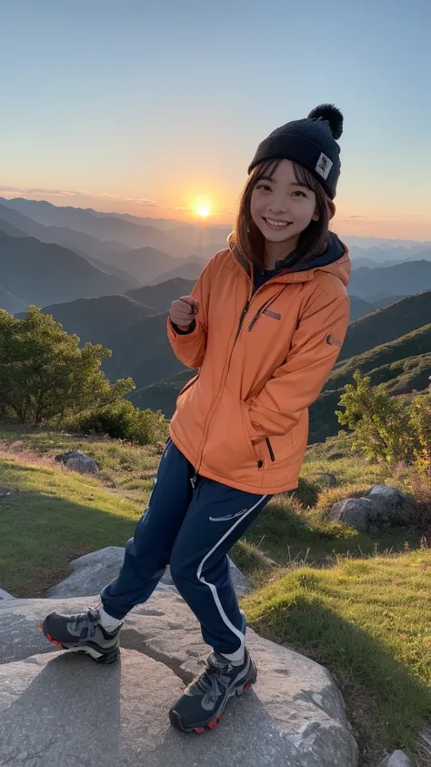 Full body photo , Best image quality (8K, High resolution, masterpiece: 1.2), Very detailed,  215 Short Hair, 26-year-old woman, 

situation: Greeting the sunrise at the summit、Scenes enjoying the spectacular view。
clothing: Hiking Wear（Fleece jacket、Trekk...