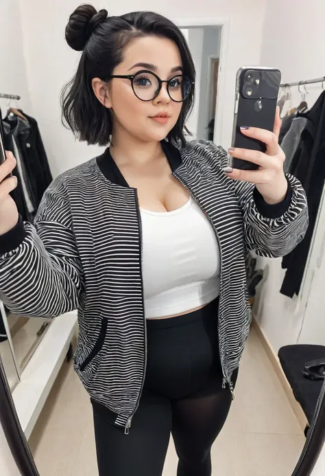 white girl, a little chubby, culona, wide legs, waist a little big, with leggings, a black and white jacket, short black hair with bun and oval glasses, taking a selfie of their entire body in the mirror, small stature