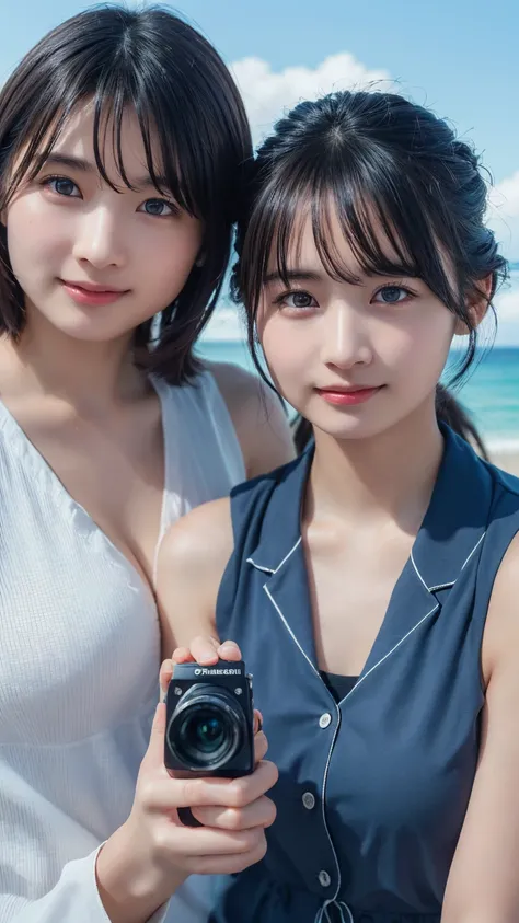 Two women taking a photo,Travel abroad,looking at the camera,smile,Beach,Clear skies,(Highest quality:1.4),(masterpiece:1.4),(Realistic:1.4),(Realistic:1.2),(超High resolution, RAW Photos:1.4),(High resolution, Super detailed:1.2),(8K:1.2)

