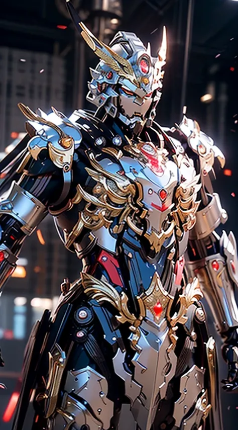 Generate a commanding full-body shot of a Warrior King mech, a regal and formidable force in the futuristic realm. The armor should be adorned with intricate royal designs, featuring symbols of power and strength. Incorporate noble metallic tones, such as ...