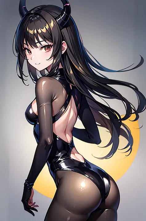 Highest quality　Highest quality　Draw a face carefully　High-definition anime-style face　Super Glowing Skin　Long black hair　Brown leotard　Golden pantyhose　Succubus　lure　smile　Rear view　Back view　Ass close up