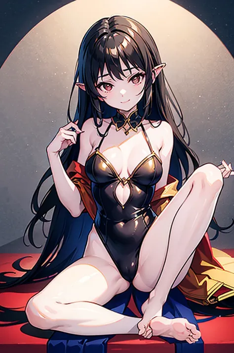 Highest quality　Highest quality　Draw a face carefully　High-definition anime-style face　Super Glowing Skin　Long black hair　Brown leotard　Golden pantyhose　Succubus　lure　smile　Show the soles of your feet　Close up of the soles of the feet