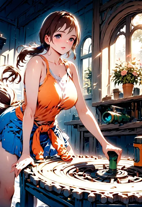 chell, Horse tail, Sleeveless, clothing around the waist, cleaning a Portal gun at a workbench, Bright morning sunlight shining through the window. (stylezrpg) (Masterpiece:1.2) (illustration:1.2) (Best Quality:1.2) (detailed) (intricate) (8k) (HDR) (cinem...