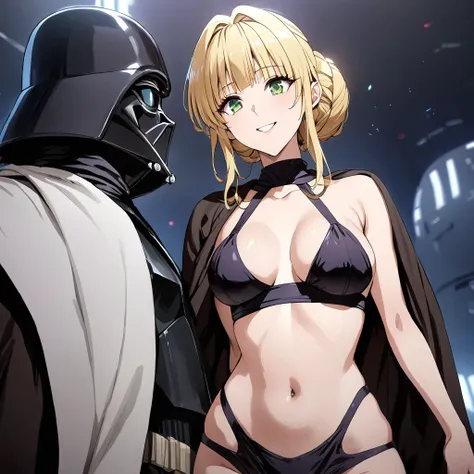 ((Highest quality)), ((masterpiece)), (detailed), （Perfect Face）、The woman is a Stormtrooper named Tiare, with green eyes, blonde medium-length hair, a Princess Leia hairstyle, a black Princess Leia costume, and a gorgeous black cloak.、The woman is standin...