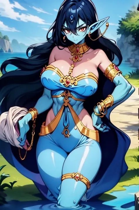 (Masterpiece, best quality, official art, 8K), ultra-detailed, a cartoon image of a Sky Blue Skinned female Djinn with blue hair and a chain around her neck, Human Hybrid Djinn, ((((sky blue skin)))), skin genie girl sky blue, ((perfectly detailed hands an...