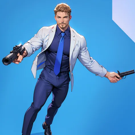 1 man, male focus solo, middle aged man,Stephen AMELL as private investigator,  lean muscle,very  light blue shirt, marine blue businessman suit ,( red tie) ,( big bulge), full body shot, dark blond short hair, well groomed facial hair, holding a gun with ...