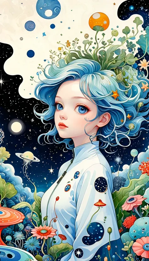 (((James Jean styles：1.5)))，microorganism、plant、Marine life、Exquisite eyes、Starry Sky，Stitching together an abstract painting，Describing the inner world of autistic people，Sense of space，White Space，interesting，Innocence，Psychedelic Art