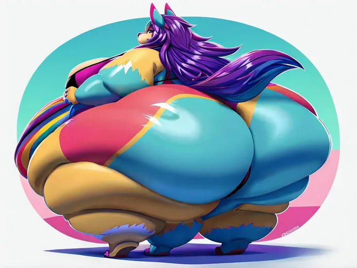 Wolf, female, long hair, huge breasts, huge hips, huge thighs, plump, voluptuous,, gorgeous, beautiful, eyelashes,huge ass,fat arms, fat legs, hands on ass,messy hair, colourful fur, walking,back view, obese, walking, wobbling ass, black nipples ,claws, pa...