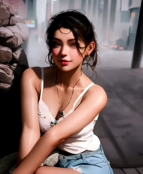 Create cyberpunk handsome girl ultra realstic with stone neckless change background to Cyberpunk city 