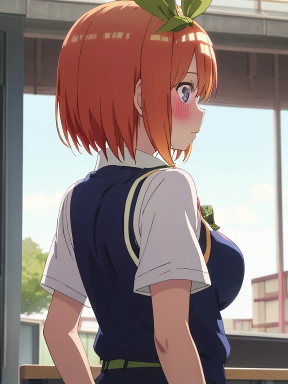 best quality, insanely detailed,yotsuba nakano, breasts, blush, back style, look into the distance, school background, sweater vest, white shirt, bowtie, short sleeves