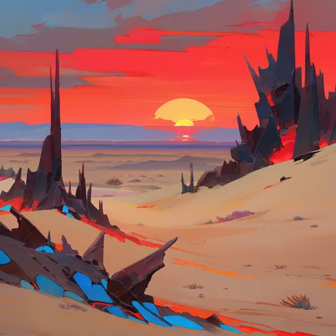 Old West, Desert, horizon, blue Night , from far, Oil paint, red sun,(only red and black color palette), Giant glass shards in sand, spiky glass structures, massive giant worm crawling in the dunes, sand dunes, dune, worm