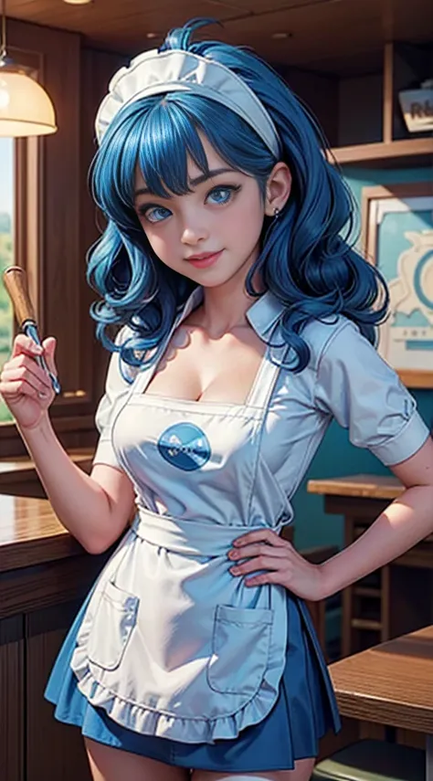 ((best quality)), ((highly detailed)), masterpiece, (detailed eyes, deep eyes), (1girl), dynamic angle, cowboy shot, mlppinkiepie, woman, gleeful smile, looking at viewer, ((big curly bright blue hair)), ((blue eyes)), (((waitress uniform))), cleavage, (in...