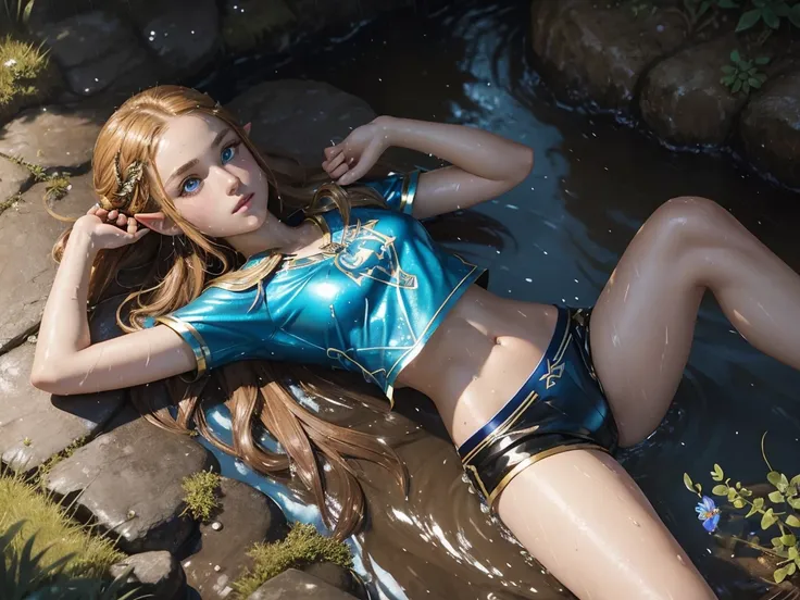 masterpiece.  4k. highly detailed epic fantasy oil painting of beautiful 12 years old Princess Zelda. sparkly blue eyes, freckles. detailed stylish suit,
  shiny reflective leather shorts for the summer.  crop top shirt. athletic. Hyrule motif. lying on cr...