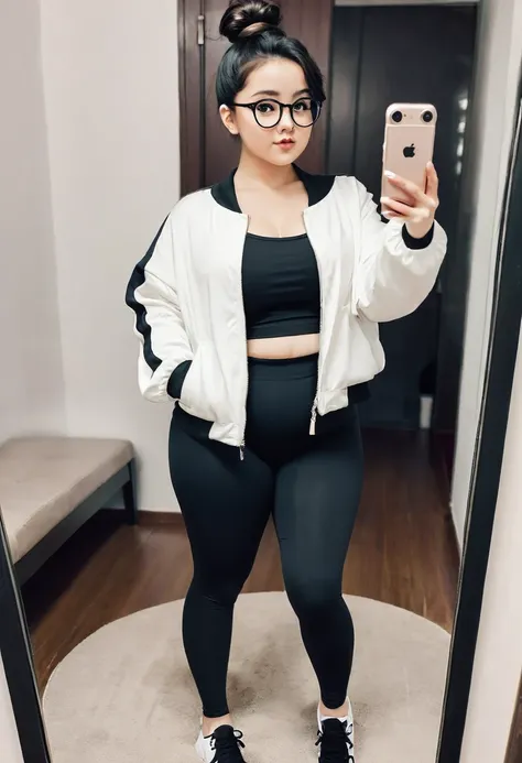 brunette girl, a little chubby, culona, wide legs, waist a little big, with leggings, a black and white jacket, short black hair with bun and oval glasses, taking a selfie of their entire body in the mirror, small stature