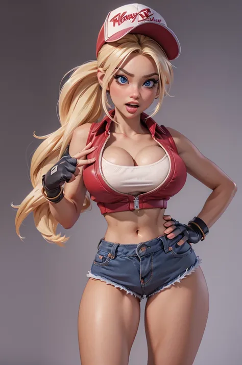 (masterpiece), best quality, expressive eyes, perfect face, highres, (8k), (perfect face), (ultra details), 1 girl, solo, terry bogard girl, blonde hair, ponytail, blue eyes, long hair, baseball cap, fingerless gloves, denim shorts, shoes, 
, blushing, fri...