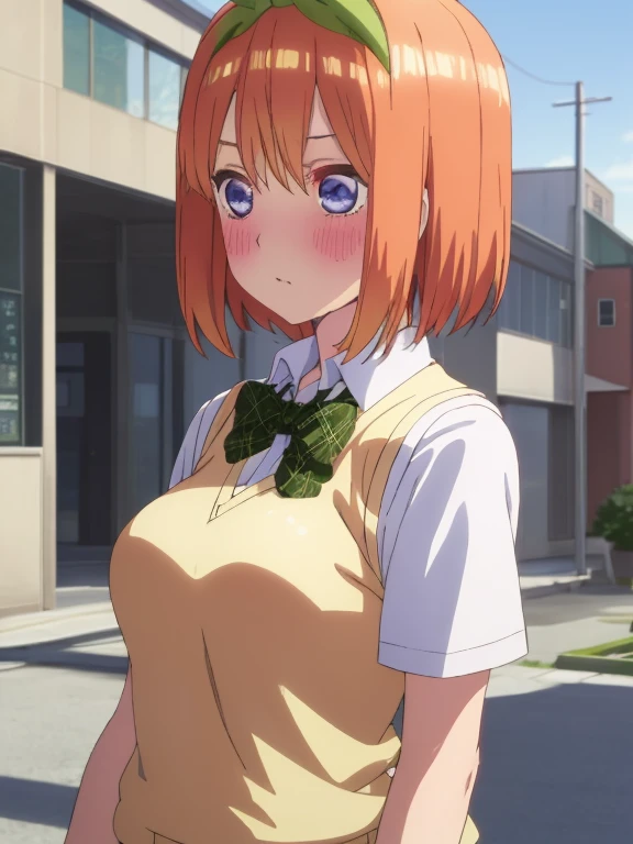 best quality, insanely detailed,yotsuba nakano, breasts, blush, back style, look into the distance, school background, sweater vest, white shirt, bowtie, short sleeves